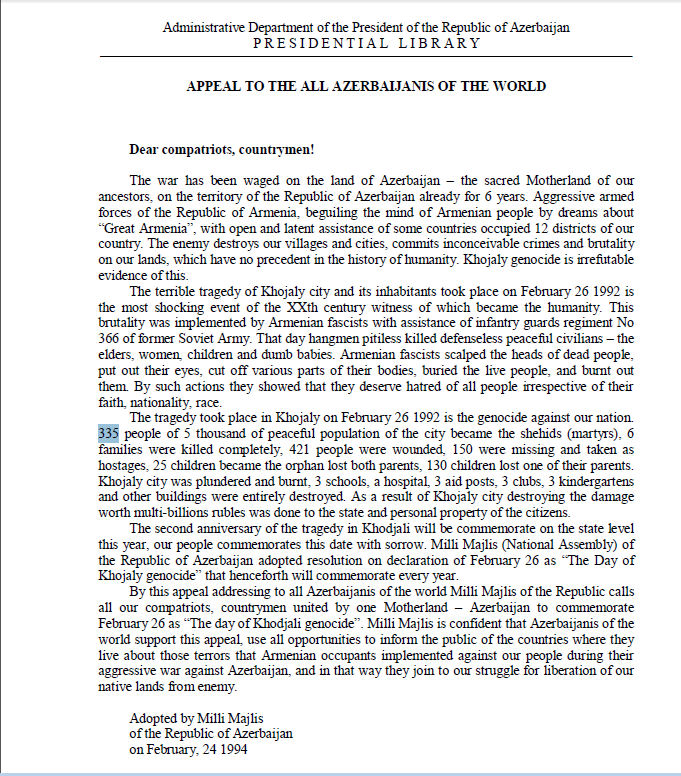 Pres appeal 335 people killed